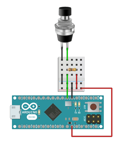 A mechanical push button wired to an Arduino Micro pin 2 and ground with a 10k ohm pull up resistor.