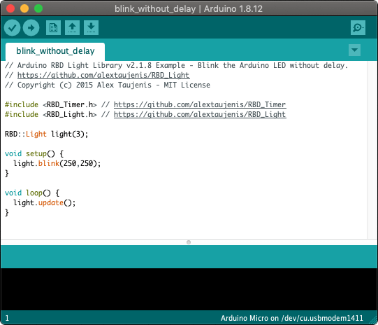 Arduino IDE: RBD_Light Example Blink Without Delay